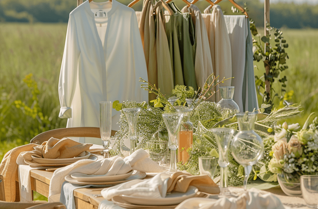 Eco-friendly outdoor wedding table setting with reusable linen and sustainable decorations in natural setting, showcasing a variety of professional uniforms for rental on wooden hangers, symbolizing the linen and uniform rental industry’s commitment to sustainability and reuse.